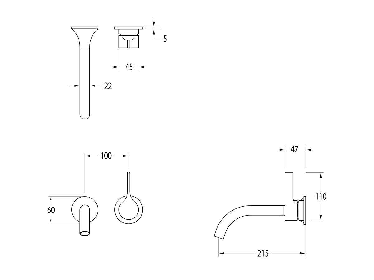Reece Milli Oria Wall Bath Mixer Outlet System 215mm PVD Brushed Nickel