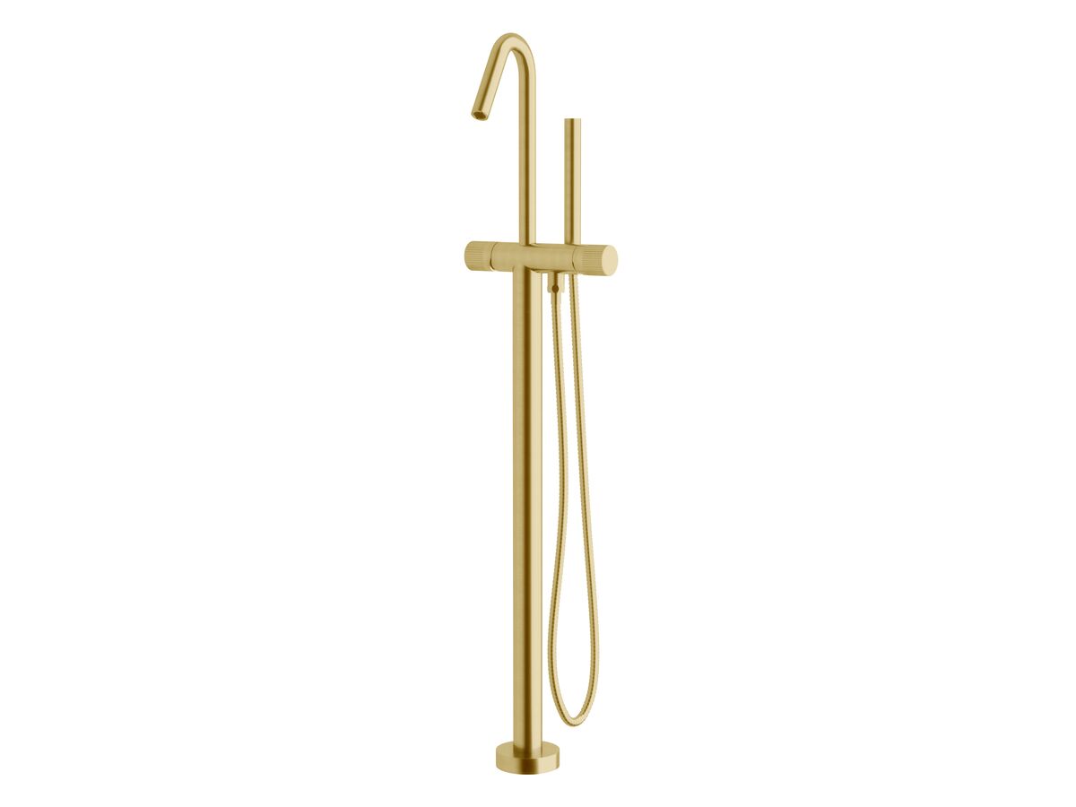 reece Milli Pure Floor Mounted Bath Mixer Tap with Handshower and Linear Textured Handle Trimset PVD Brushed Gold (3 Star)