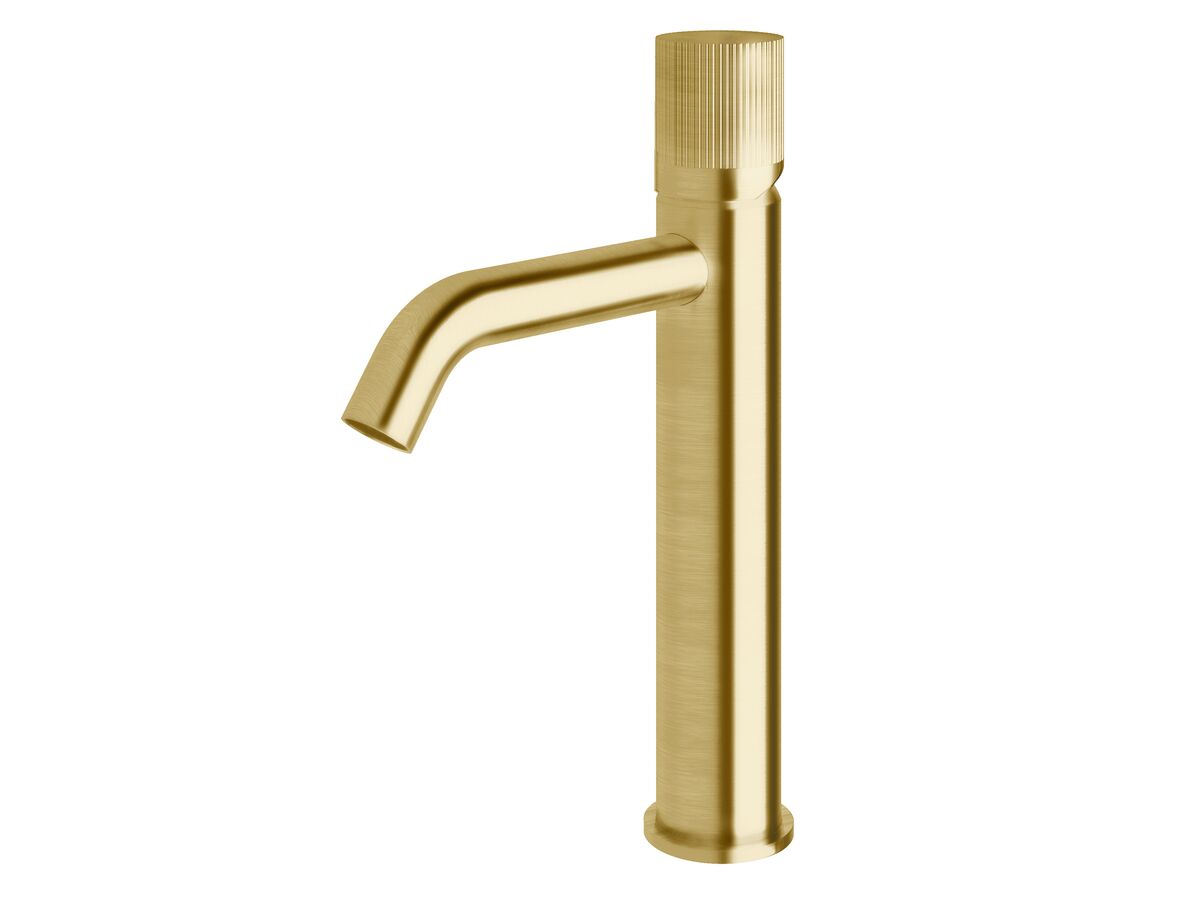 reece Milli Pure Medium Height Basin Mixer Tap Curved Spout with Linear Textured Handle PVD Brushed Gold (5 Star)