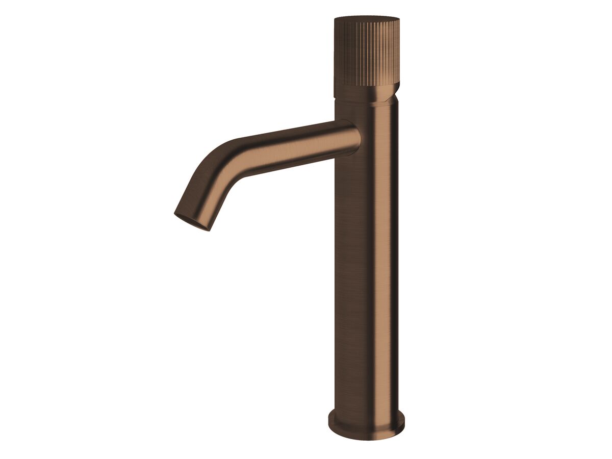 reece Milli Pure Medium Height Basin Mixer Tap Curved Spout with Linear Textured Handle PVD Brushed Bronze (5 Star)
