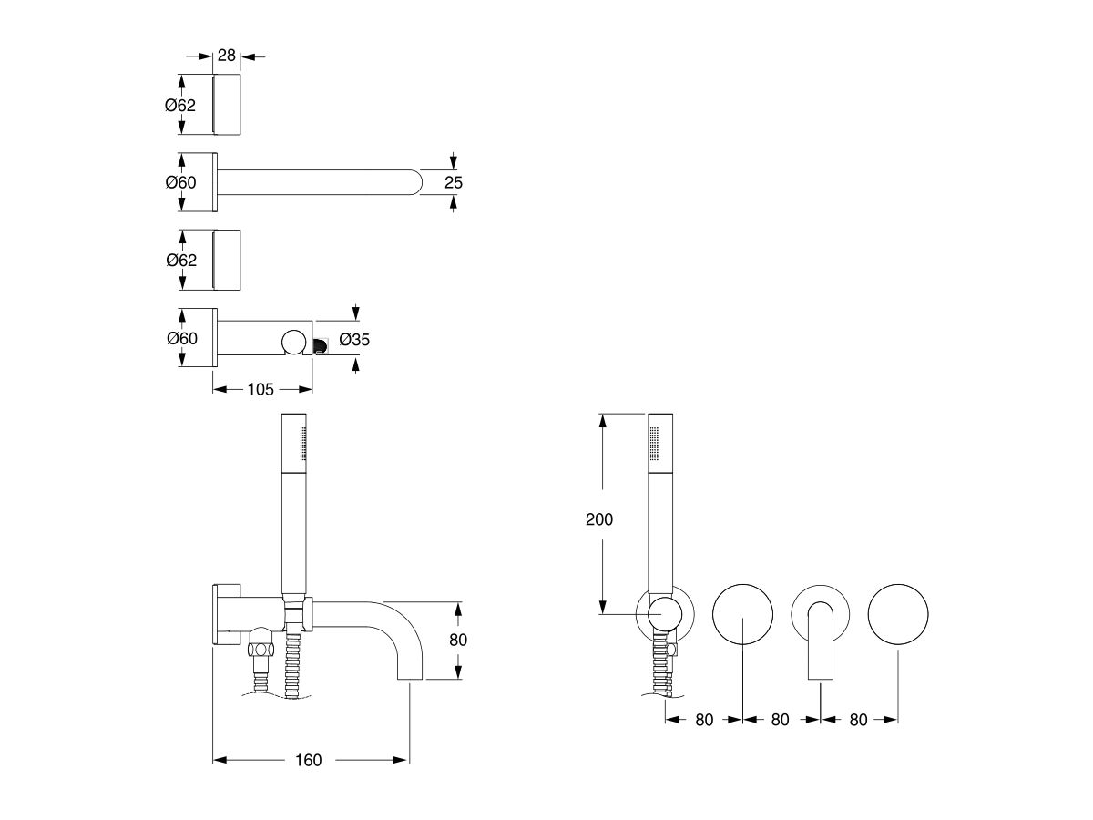 Reece Milli Pure Progressive Bath Mixer Tap System 160mm With Handshower Right Hand And Diamond Textured Handles Chrome (3 Star)