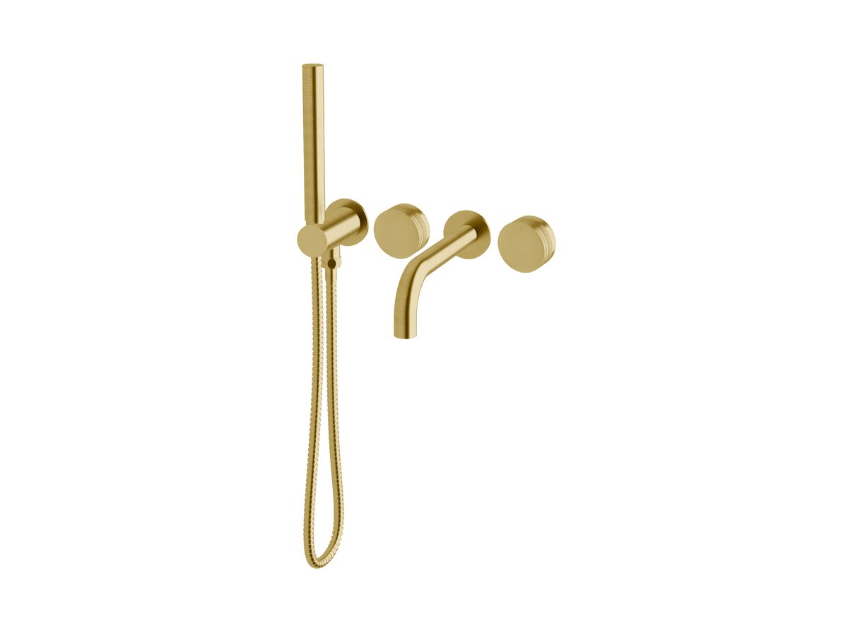reece Milli Pure Progressive Bath Mixer Tap System 200mm with Handshower Right Hand and Cirque Textured Handles PVD Brushed Gold (3 Star)