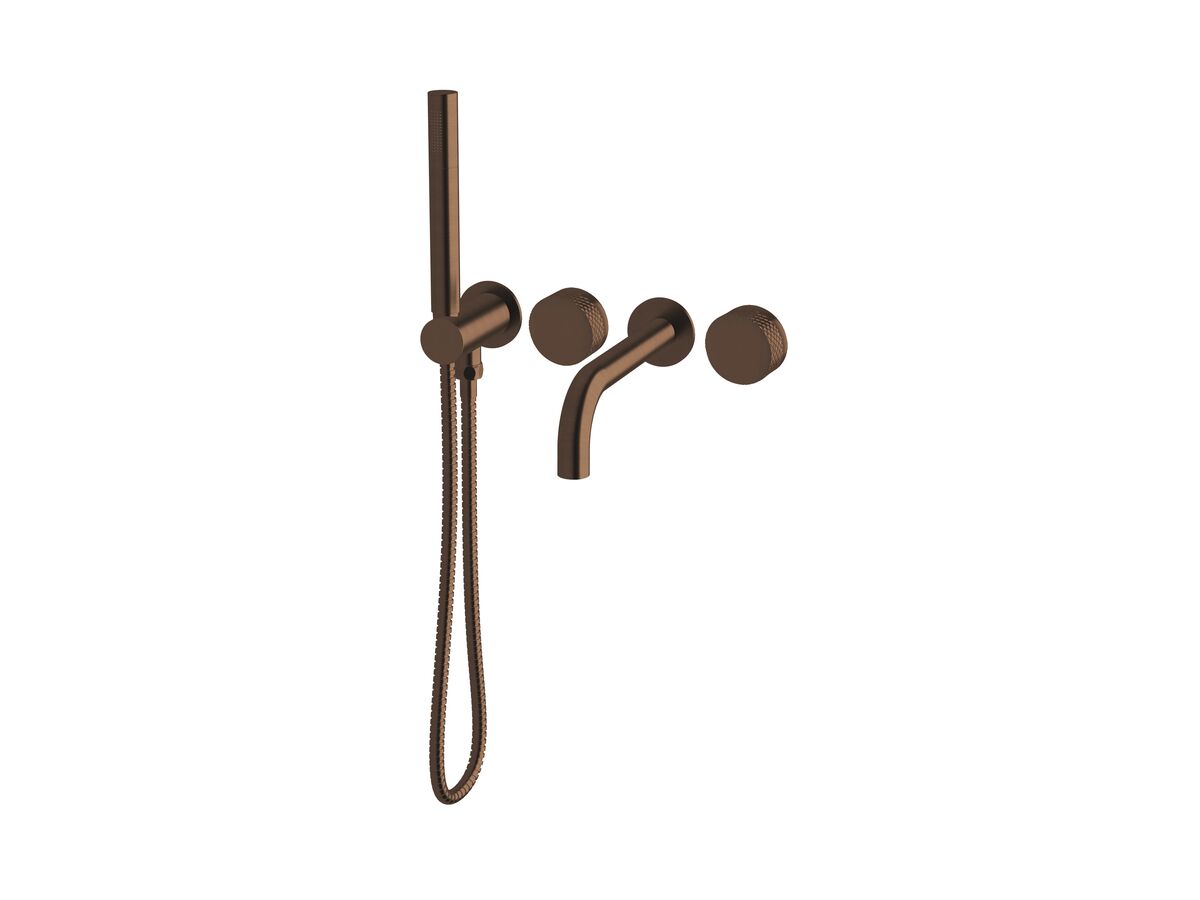 reece Milli Pure Progressive Bath Mixer Tap System 200mm with Handshower Right Hand and Diamond Textured Handles PVD Brushed Bronze (3 Star)