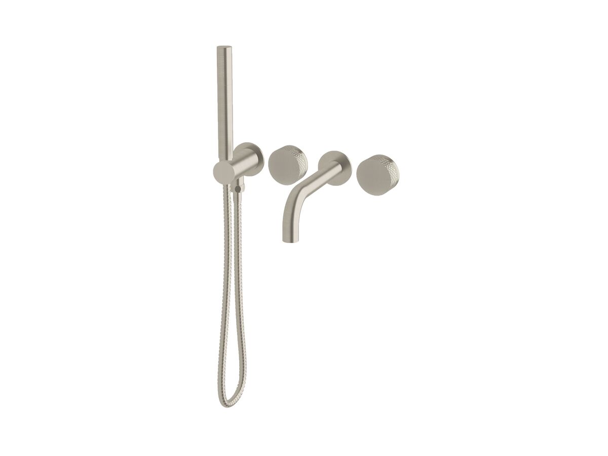 reece Milli Pure Progressive Bath Mixer Tap System 200mm with Handshower Right Hand and Diamond Textured Handles PVD Brushed Nickel (3 Star)
