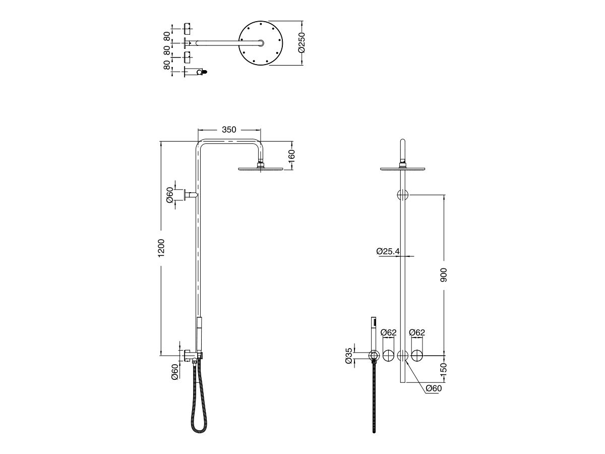 Reece Milli Pure Progressive Column Shower Mixer Tap System 250mm With Handshower Right Hand And Linear Textured Handles Chrome (3 Star)