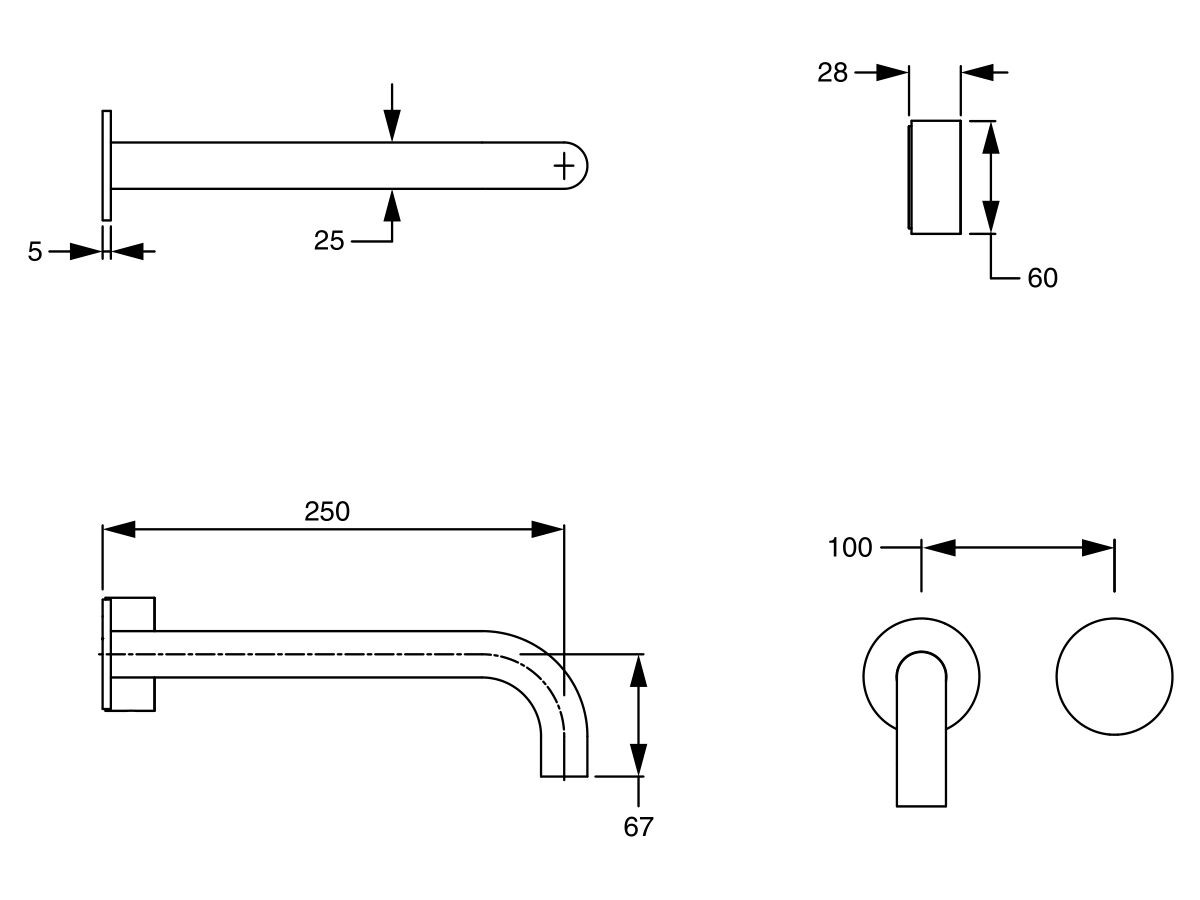 Reece Milli Pure Progressive Wall Basin Mixer Tap System 250mm With Linear Textured Handle PVD Brushed Nickel (3 Star)