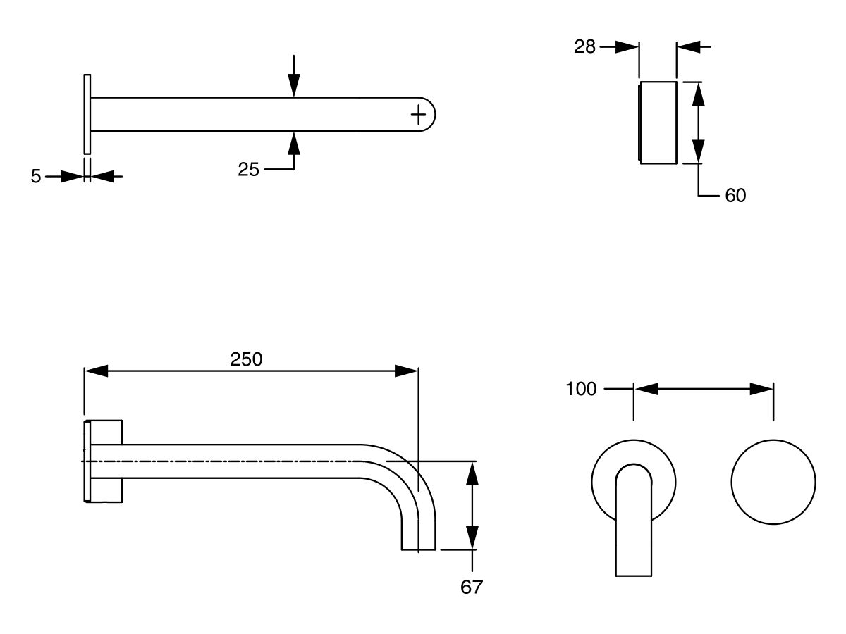 Reece Milli Pure Progressive Wall Bath Mixer Tap System 250mm With Diamond Textured Handle PVD Brushed Gold