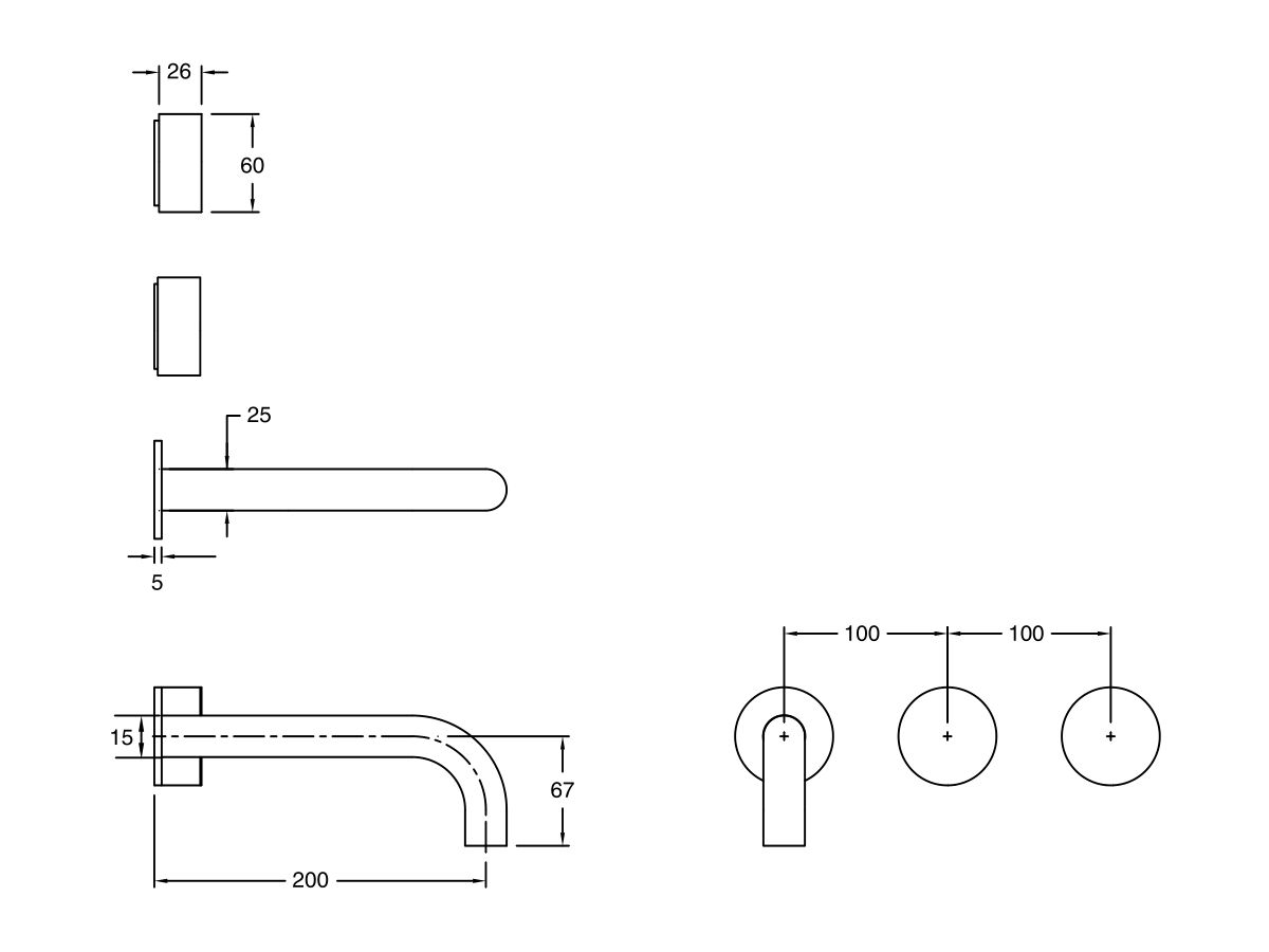 Reece Milli Pure Wall Basin Hostess System 200mm Right Hand With Linear Textured Handles PVD Brushed Gunmetal (3 Star)