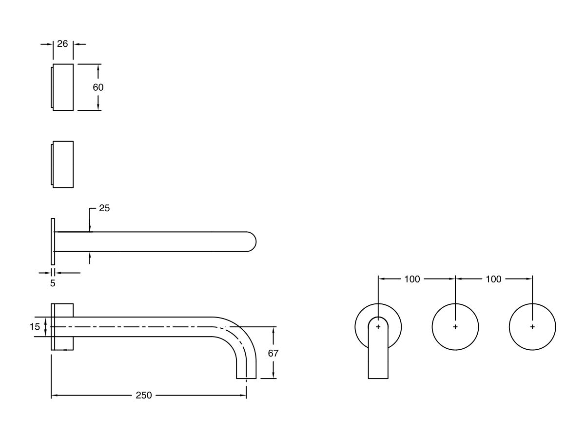 Reece Milli Pure Wall Basin Hostess System 250mm Right Hand With Cirque Textured Handles Chrome (3 Star)