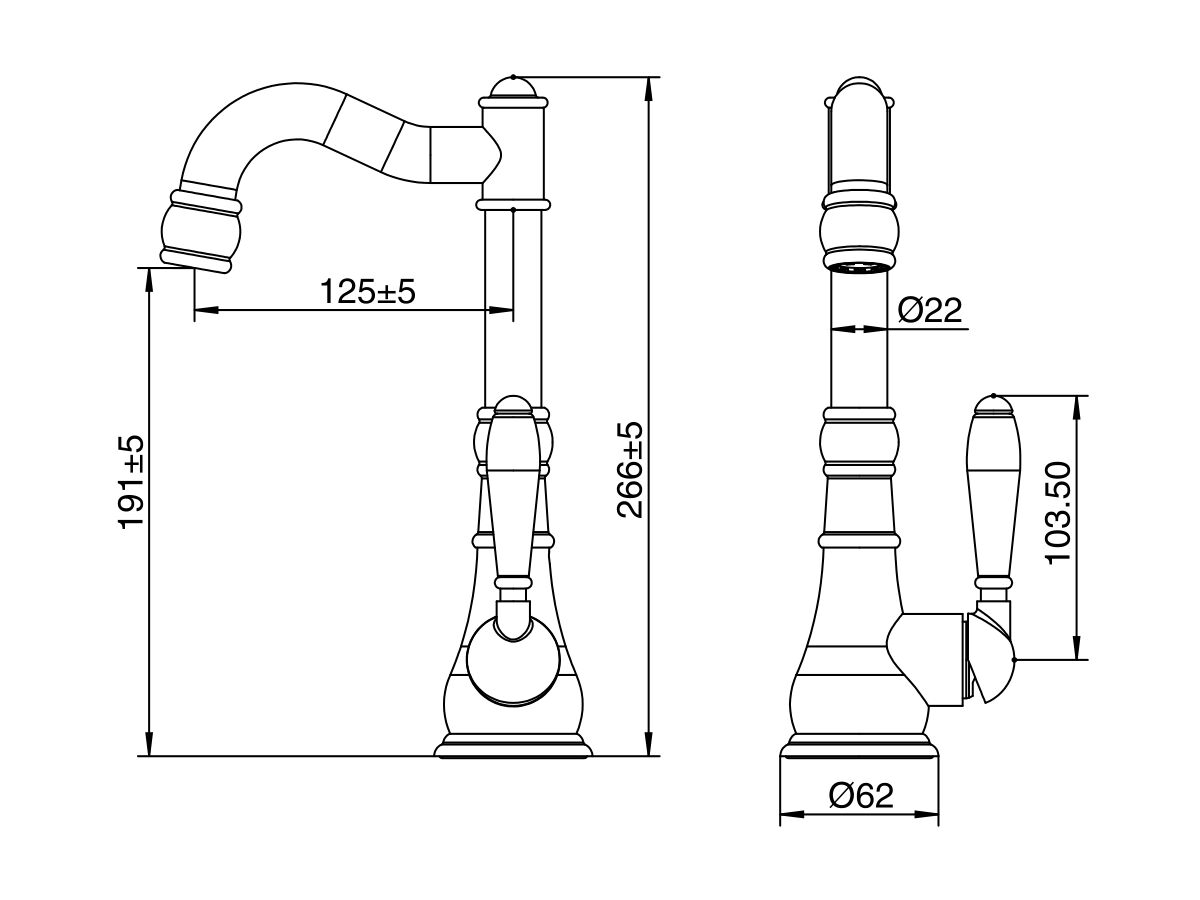 Reece Milli Voir English Basin Mixer Tap Porcelain Handles Brushed Gold (4 Star)