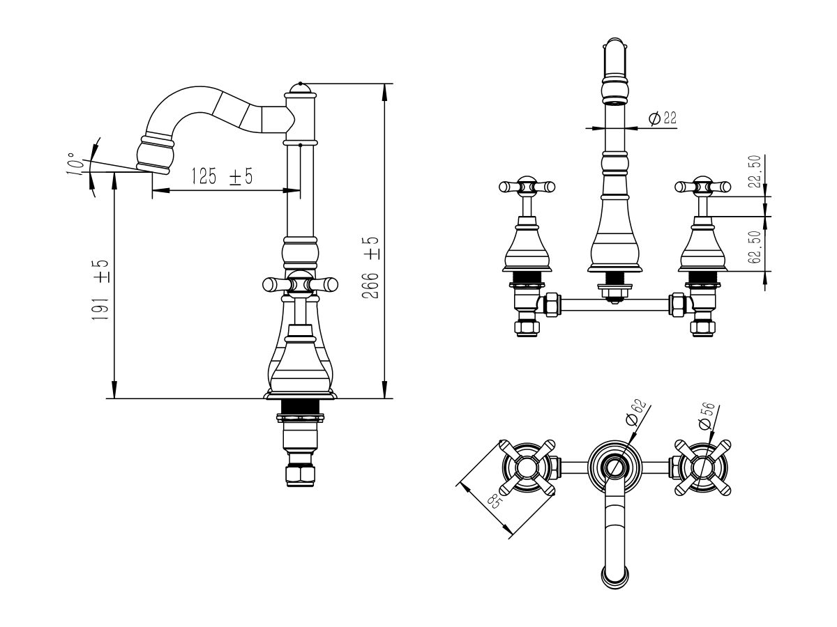 Reece Milli Voir English Basin Set Swivel Outlet Cross Handles Matte Black (4 Star)
