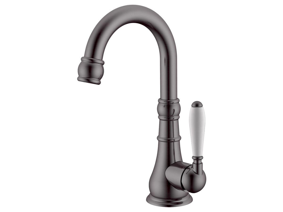 reece Milli Voir Gooseneck Basin Mixer Porcelain Handles Brushed Gunmetal (4 Star) Lead Free