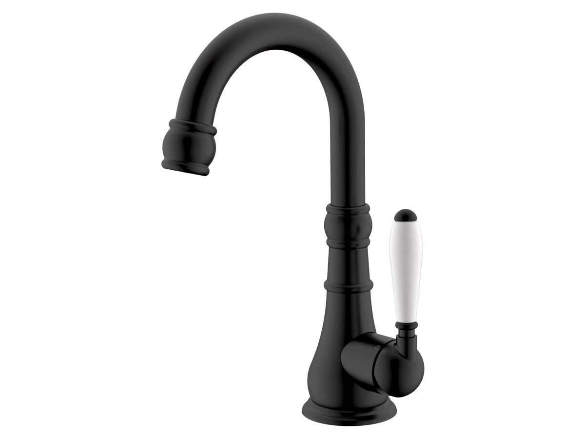 reece Milli Voir Gooseneck Basin Mixer Porcelain Handles Matte Black (4 Star) Lead Free