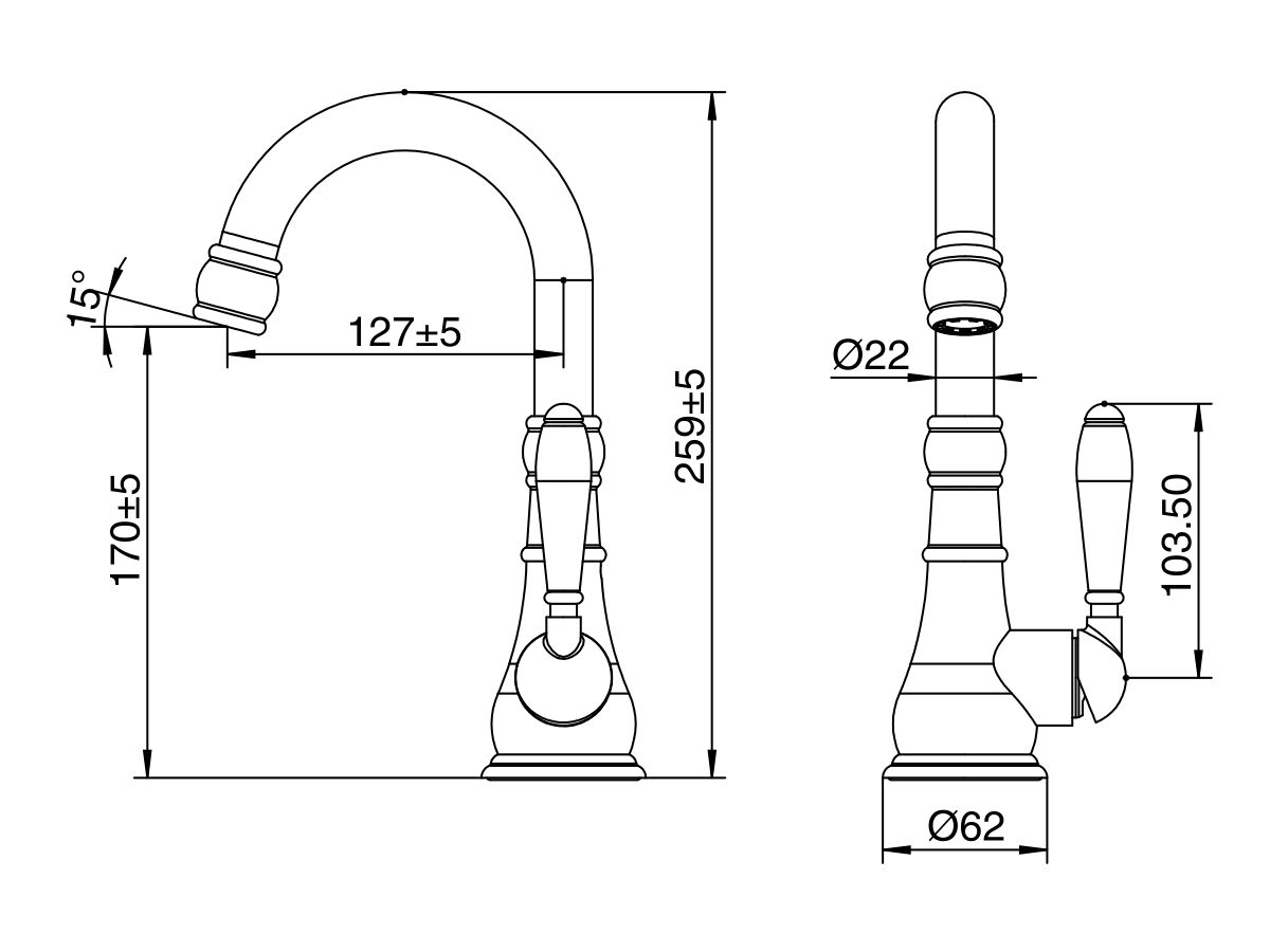 Reece Milli Voir Gooseneck Basin Mixer Porcelain Handles Brushed Nickel (4 Star) Lead Free