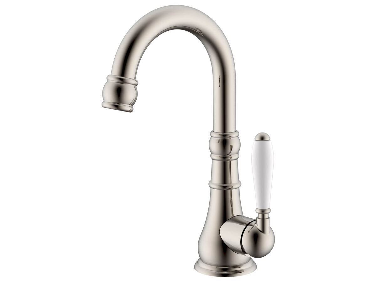 reece Milli Voir Gooseneck Basin Mixer Porcelain Handles Brushed Nickel (4 Star) Lead Free