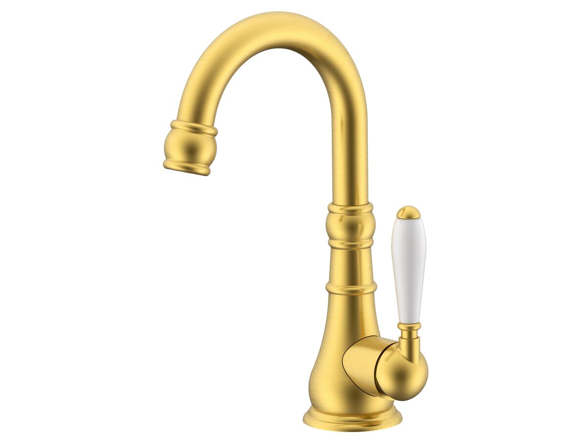 reece Milli Voir Gooseneck Basin Mixer Porcelain Handles Brushed Gold (4 Star) Lead Free