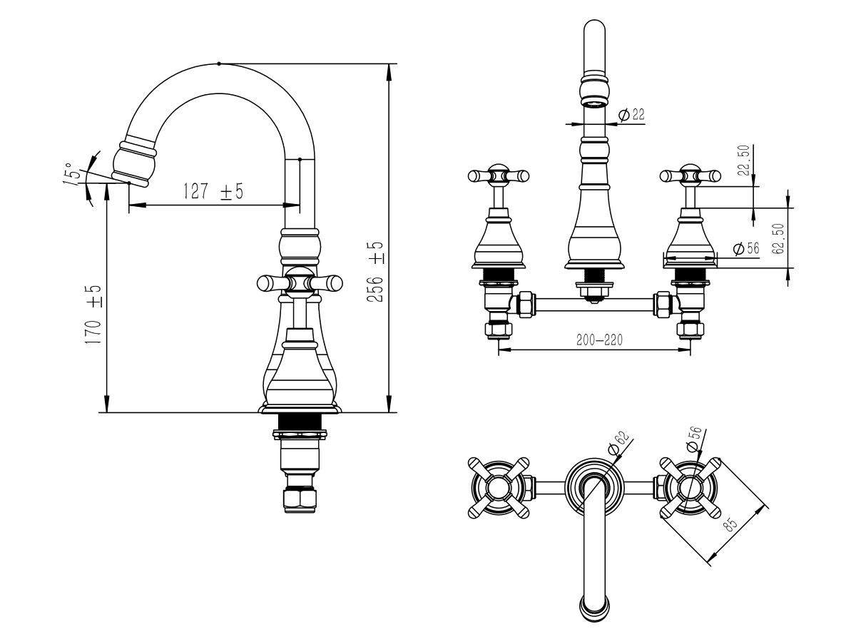 Reece Milli Voir Gooseneck Basin Set Swivel Outlet Cross Handles Chrome (4 Star)
