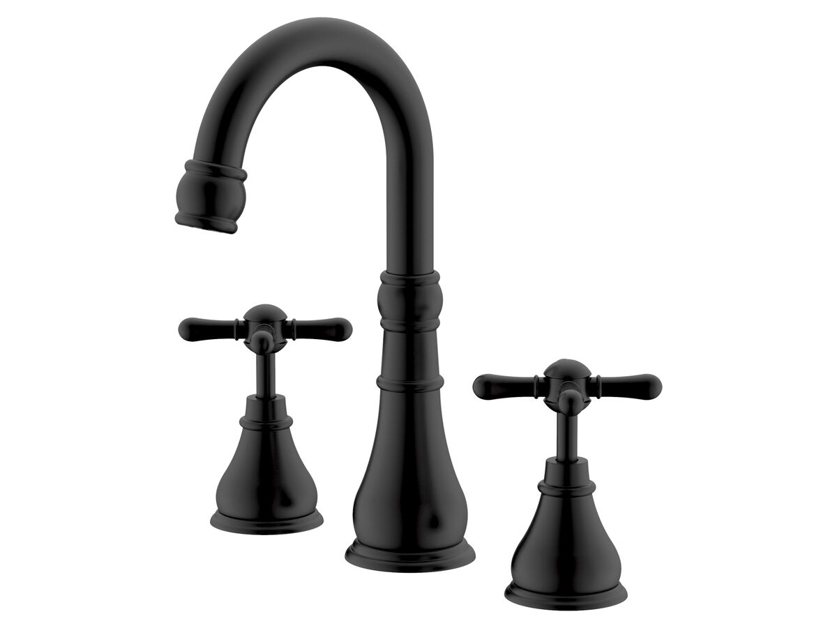 reece Milli Voir Gooseneck Basin Set Swivel Outlet Cross Handles Matte Black (4 Star)