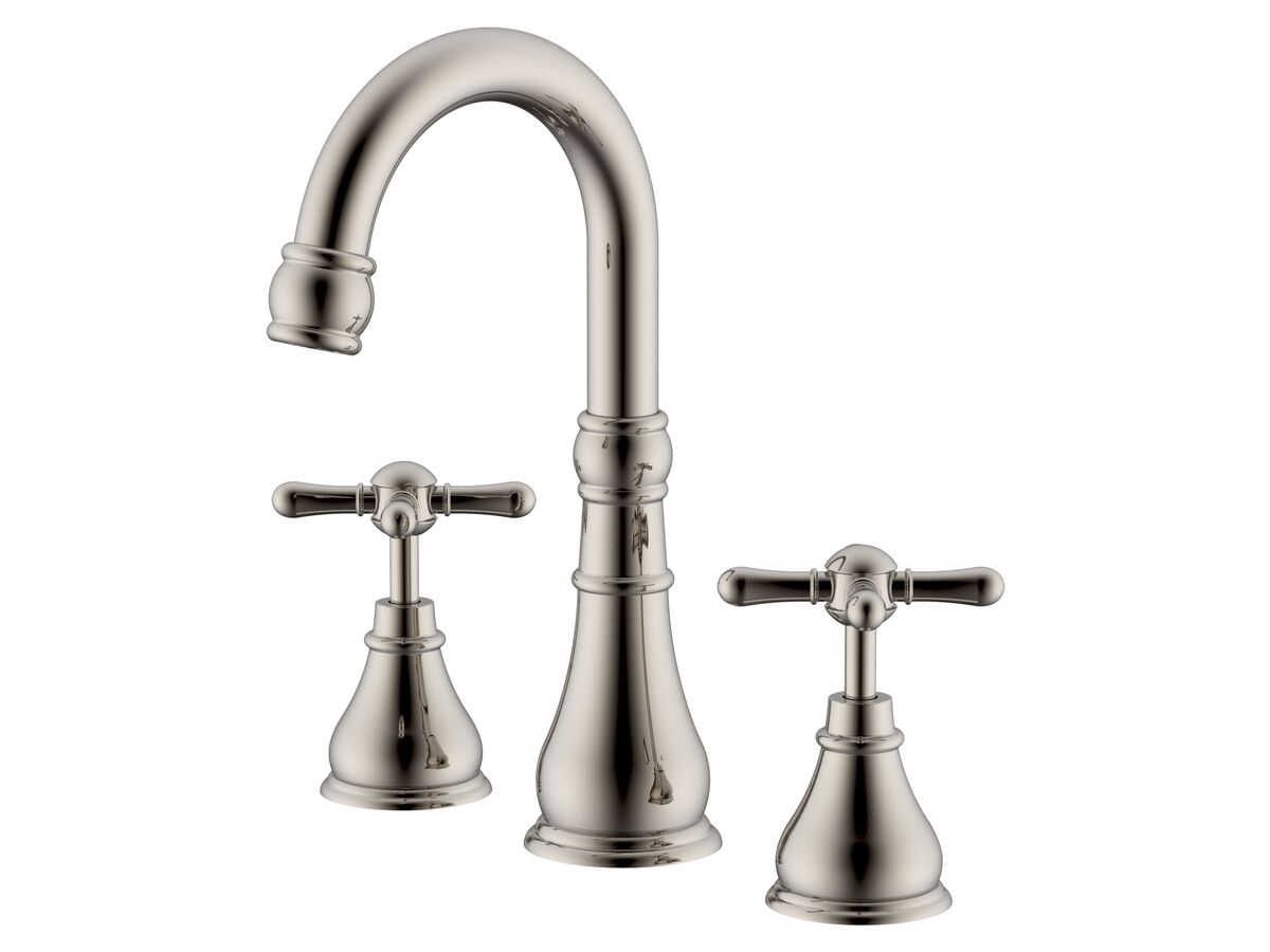 reece Milli Voir Gooseneck Basin Set Swivel Outlet Cross Handles Brushed Nickel (4 Star)