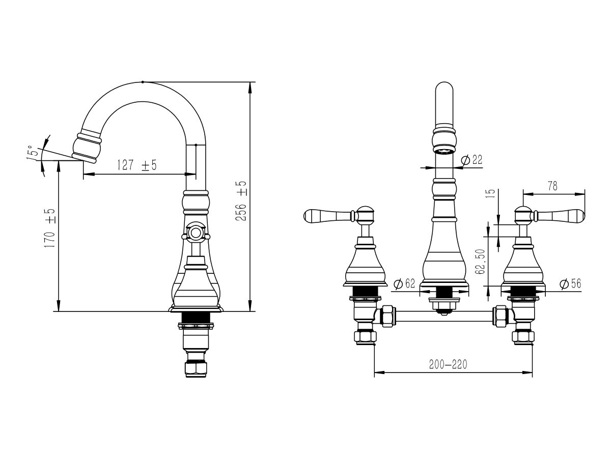 Reece Milli Voir Gooseneck Basin Set Swivel Outlet Lever Handles Chrome (4 Star) Lead Free