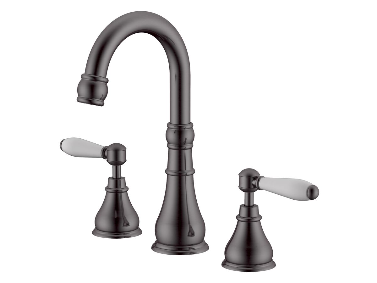 reece Milli Voir Gooseneck Basin Set Swivel Outlet Lever Porcelain Handles Brushed Gunmetal (4 Star) Lead Free