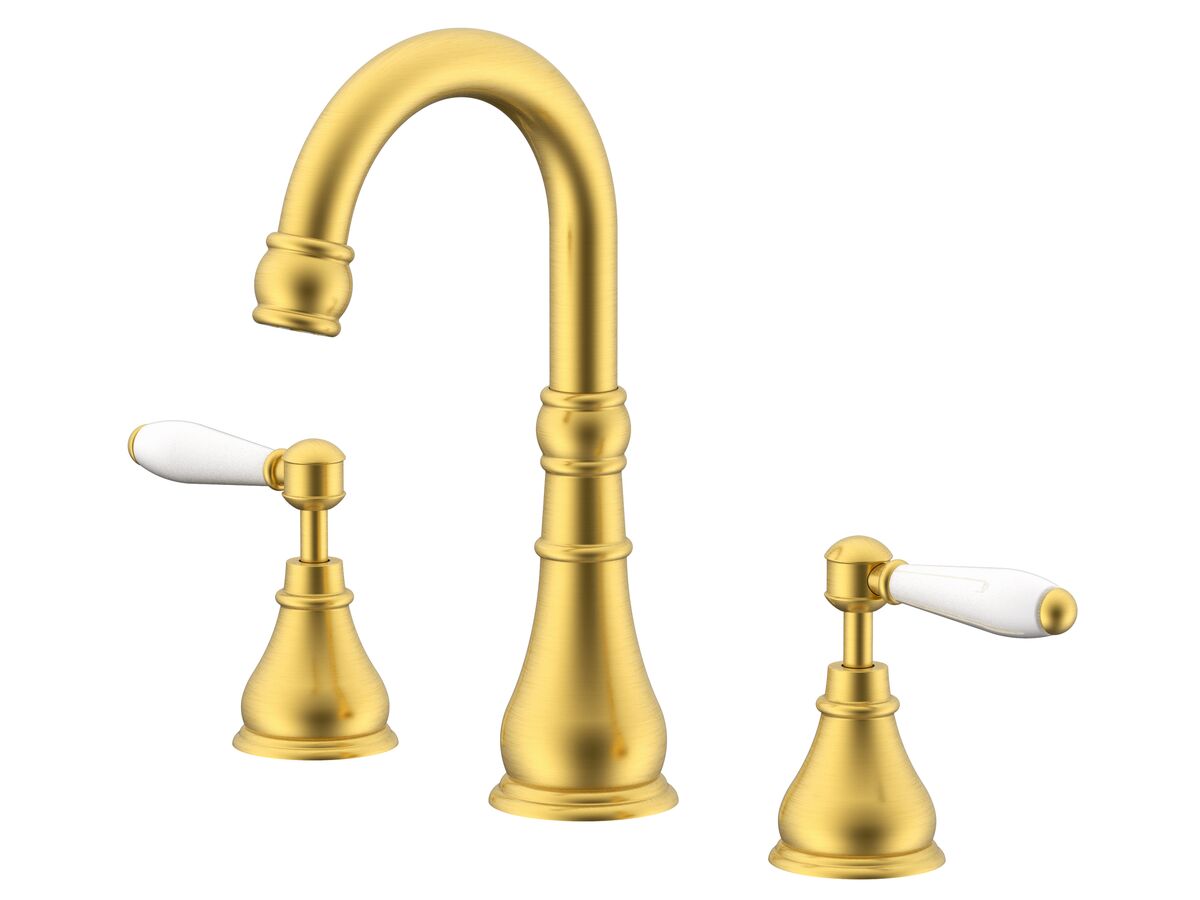 reece Milli Voir Gooseneck Basin Set Swivel Outlet Lever Porcelain Handles Brushed Gold (4 Star) Lead Free