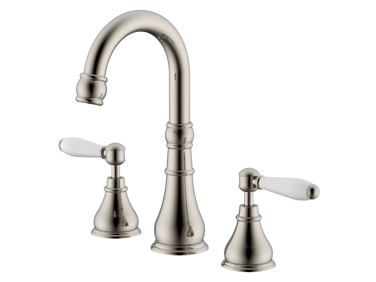 reece Milli Voir Gooseneck Basin Set Swivel Outlet Lever Porcelain Handles Brushed Nickel (4 Star)
