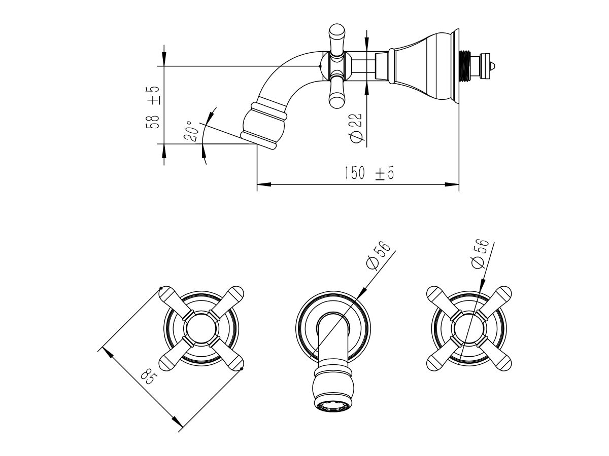 Reece Milli Voir Wall Basin Set 150mm Cross Handle Brushed Gold (4 Star)