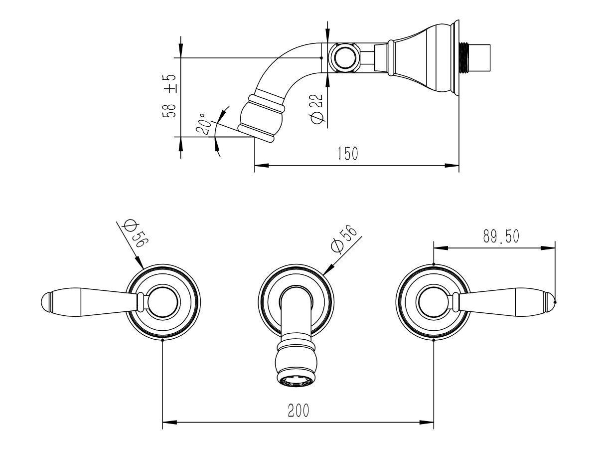 Reece Milli Voir Wall Basin Set 150mm Lever Porcelain Handles Brushed Gold (4 Star) Lead Free