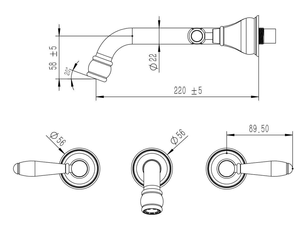 Reece Milli Voir Wall Basin Set 220mm Lever With Porcelain Handles Brushed Gold (4 Star)