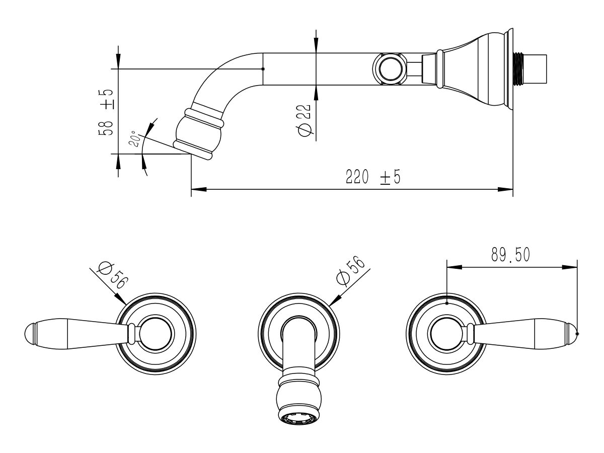 Reece Milli Voir Wall Bath Set 150mm Lever Porcelain Handles Matte Black
