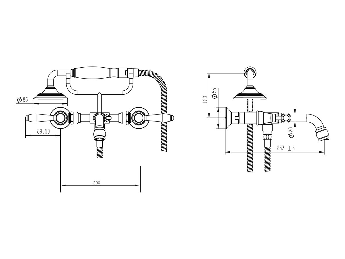 Reece Milli Voir Wall Mounted Telephone Bath Set Lever Porcelain Handles Brushed Gold (3 Star)