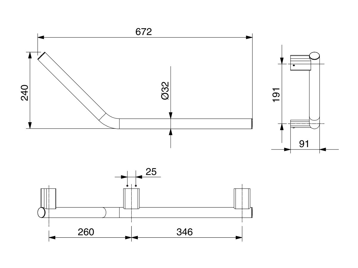 Reece Mizu Drift Assisted Living Angled Grab Rail Right 260mm X 346mm 135 Degree Brushed Nickel