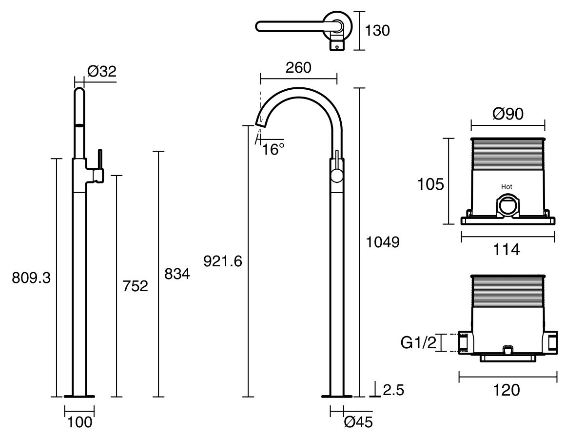 Reece Mizu Drift Floor Mounted Bath Mixer Kit Brushed Nickel
