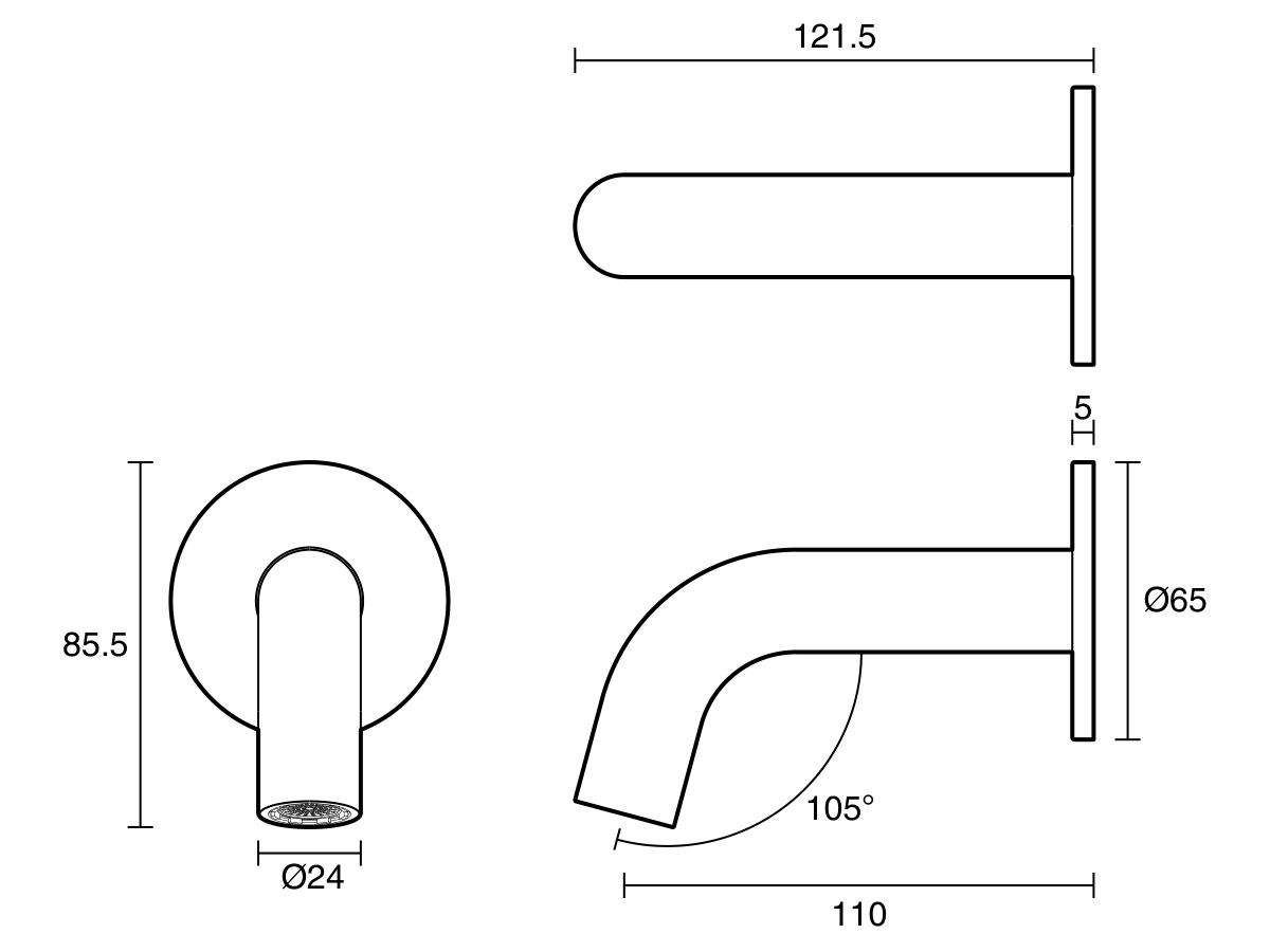 Reece Mizu Drift Wall Basin/Bath Outlet Curve Spout 110mm Brushed Bronze (6 Star) Lead Free