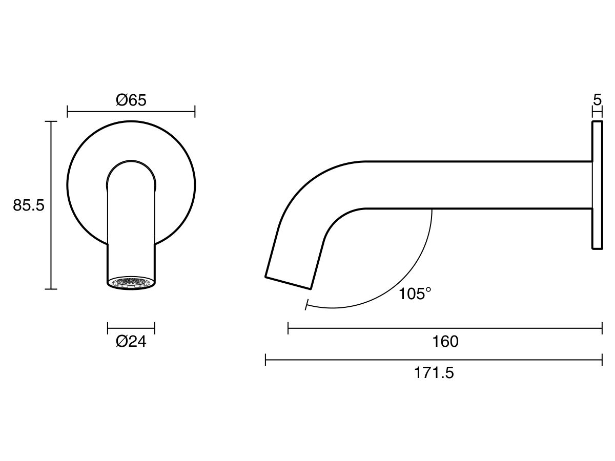 Reece Mizu Drift Wall Basin/Bath Outlet Curve Spout 160mm Brushed Bronze (6 Star) Lead Free