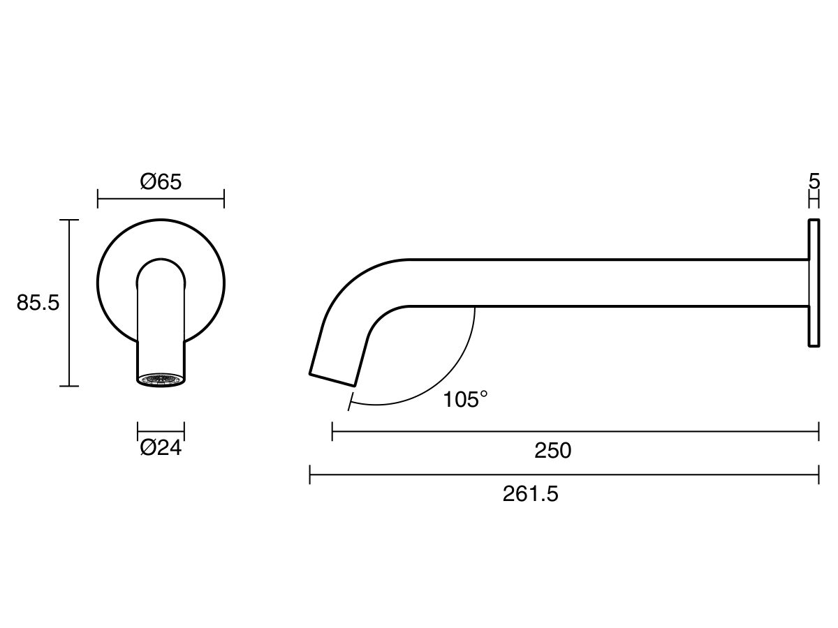 Reece Mizu Drift Wall Basin/Bath Outlet Curve Spout 250mm Brushed Bronze (6 Star) Lead Free