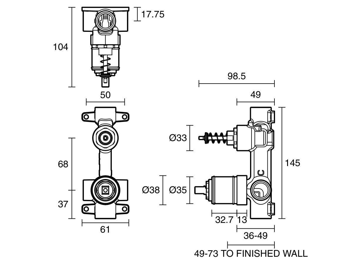 Reece Mizu Shower Mixer With Diverter Tap Universal Inwall Body
