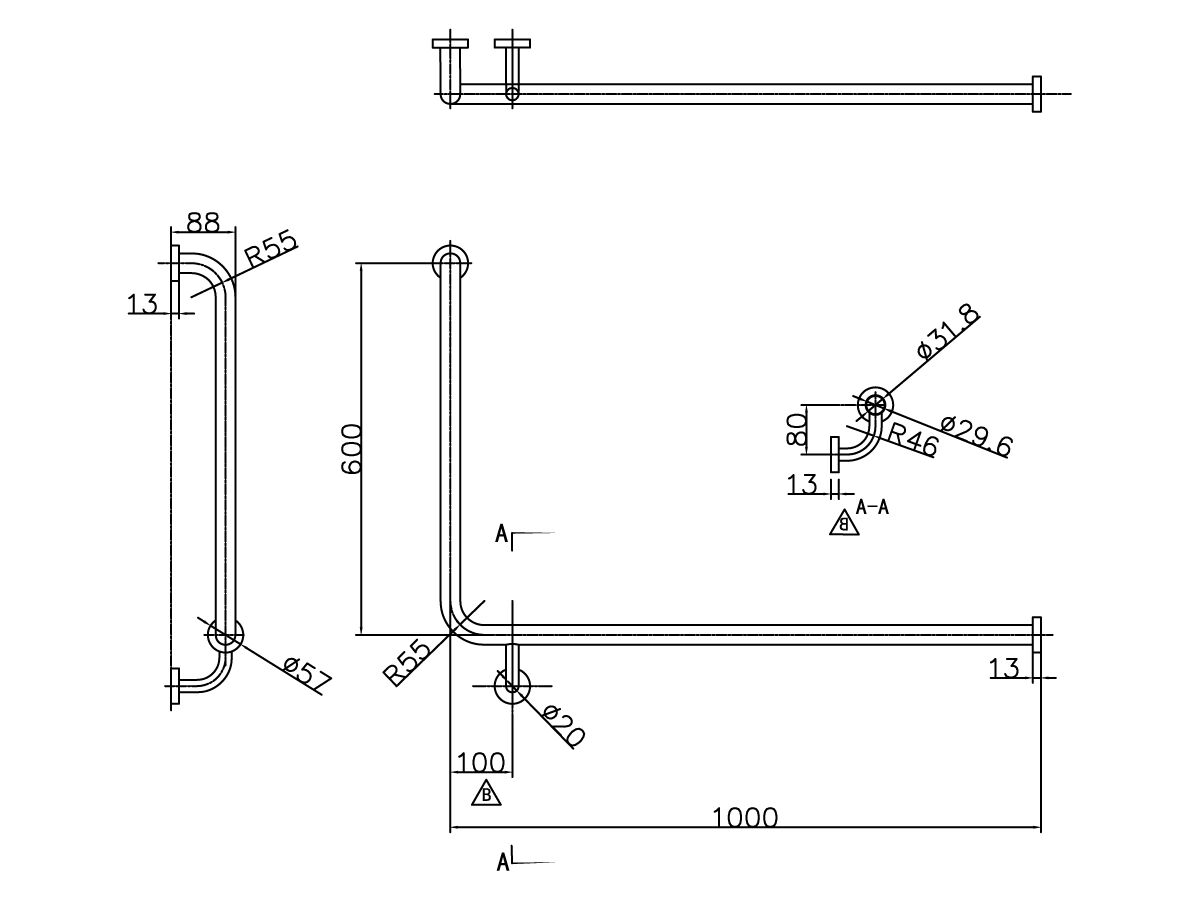Reece Mobi 1000 X 600mm Right Hand Corner Grab Rail Polished Stainless Steel