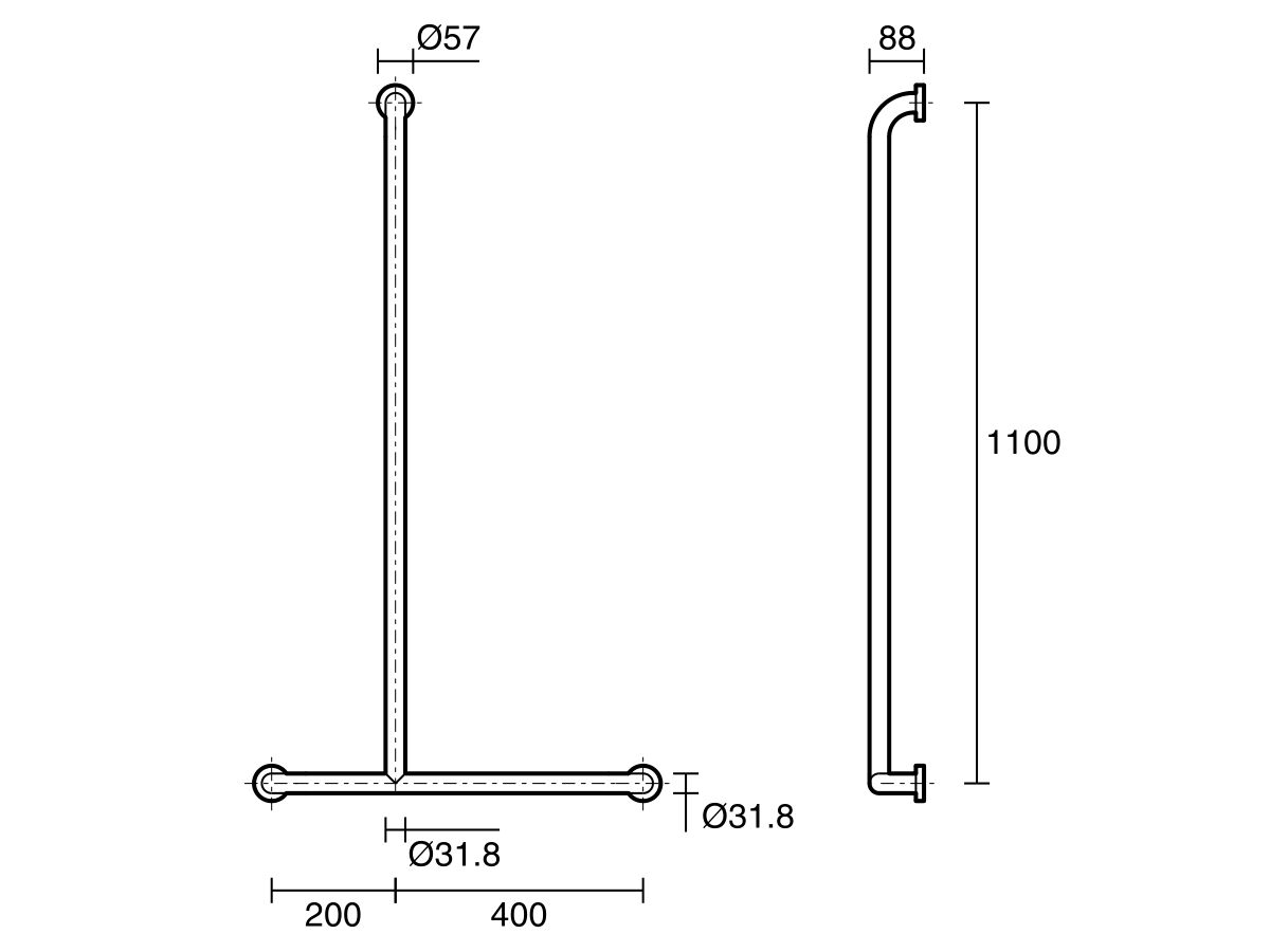 Reece Mobi 1100 X 600mm Left Hand Invert "T" Grab Rail Satin Stainless Steel