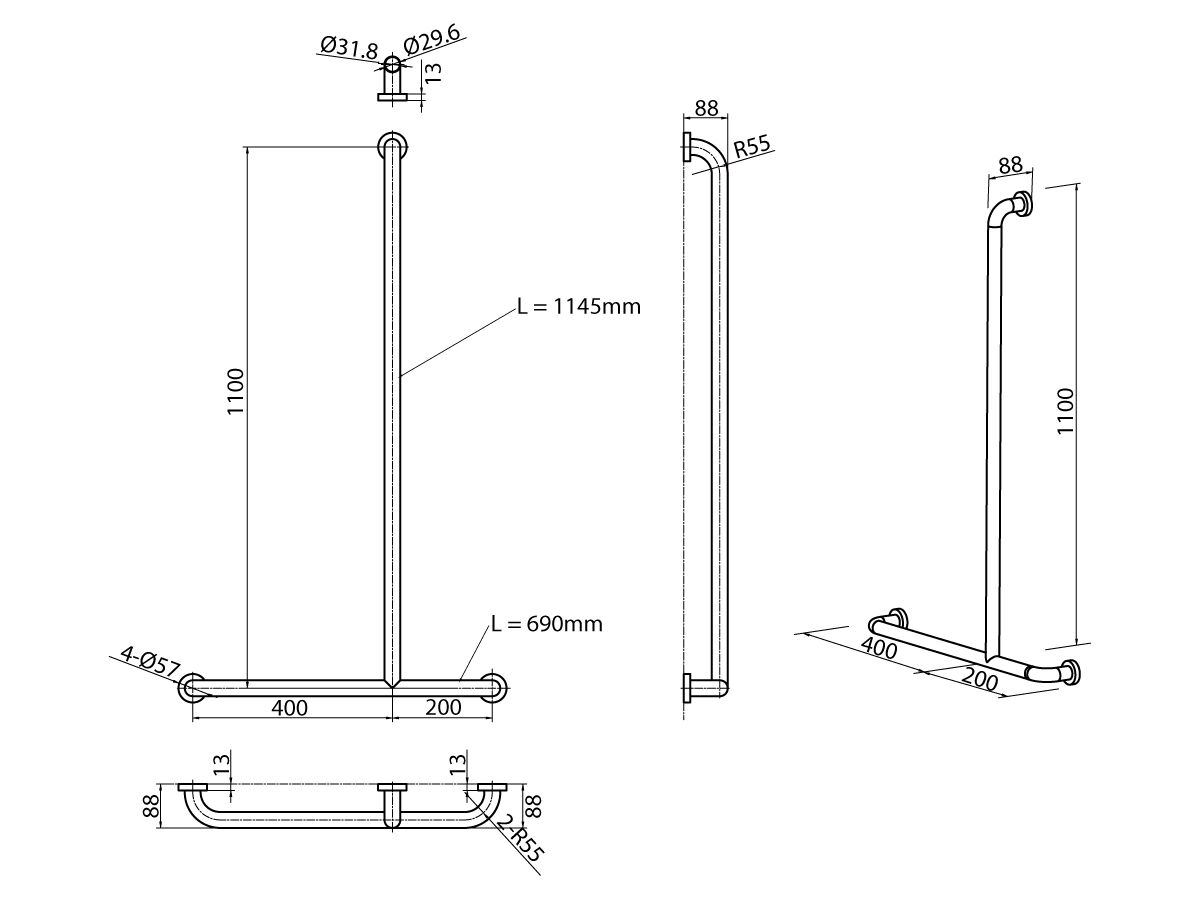 Reece Mobi 1100 X 600mm Right Hand Invert "T" Grab Rail Satin Stainless Steel