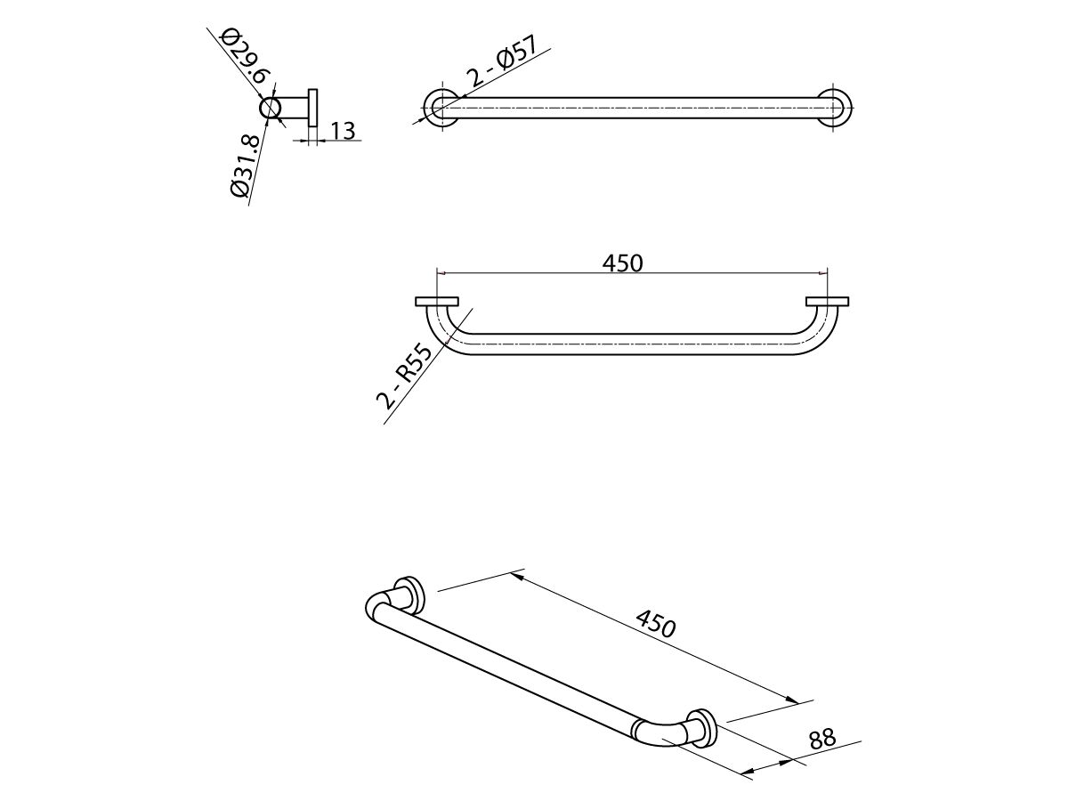 Reece Mobi 32 X 450mm Grab Rail Polished Stainless Steel