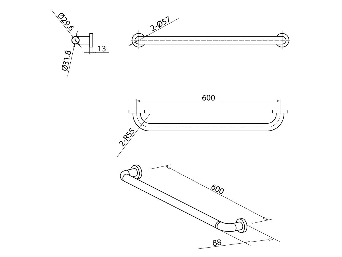 Reece Mobi 32 X 600mm Grab Rail Polished Stainless Steel
