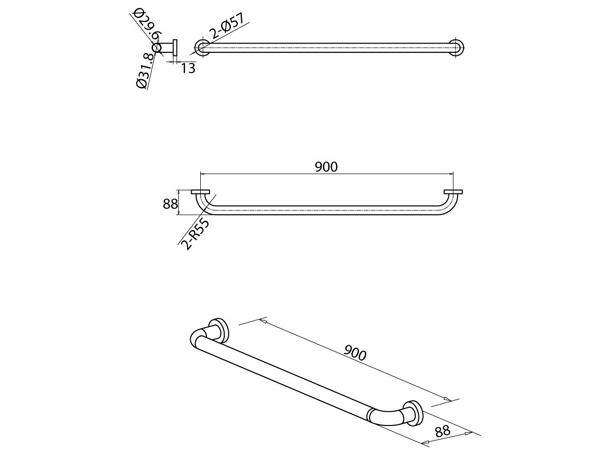 Reece Mobi 32mm X 900mm Grab Rail Polished Stainless Steel