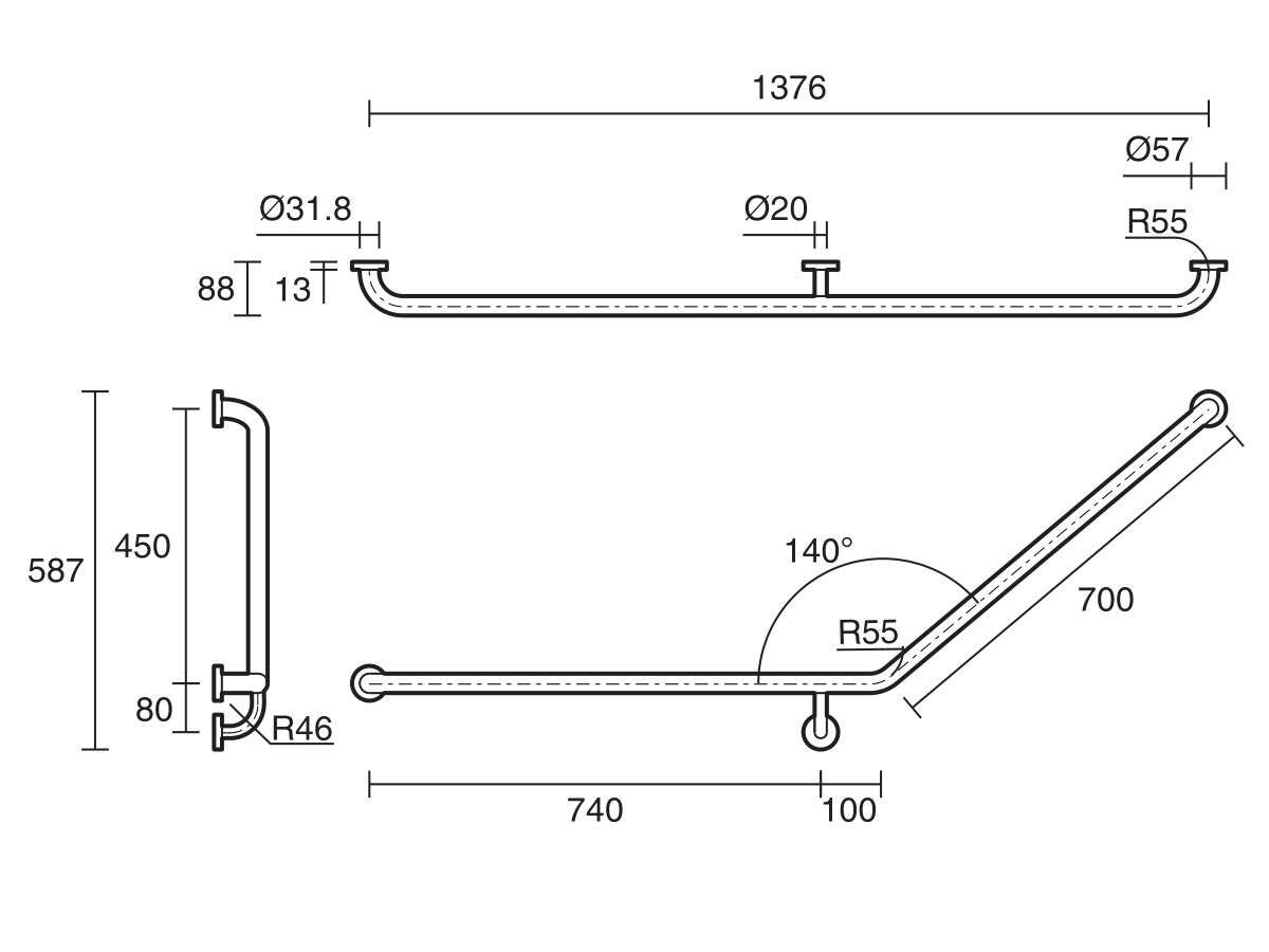 Reece Mobi 840 X 700mm X 140 Degree Left Hand Grab Rail Polished Stainless Steel