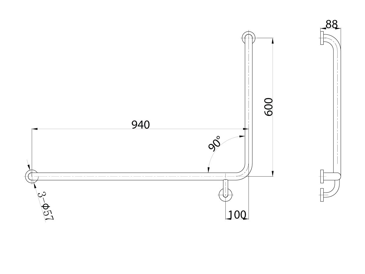 Reece Mobi 940 X 600mm X 90 Degree Left Hand Grab Rail Polished Stainless Steel