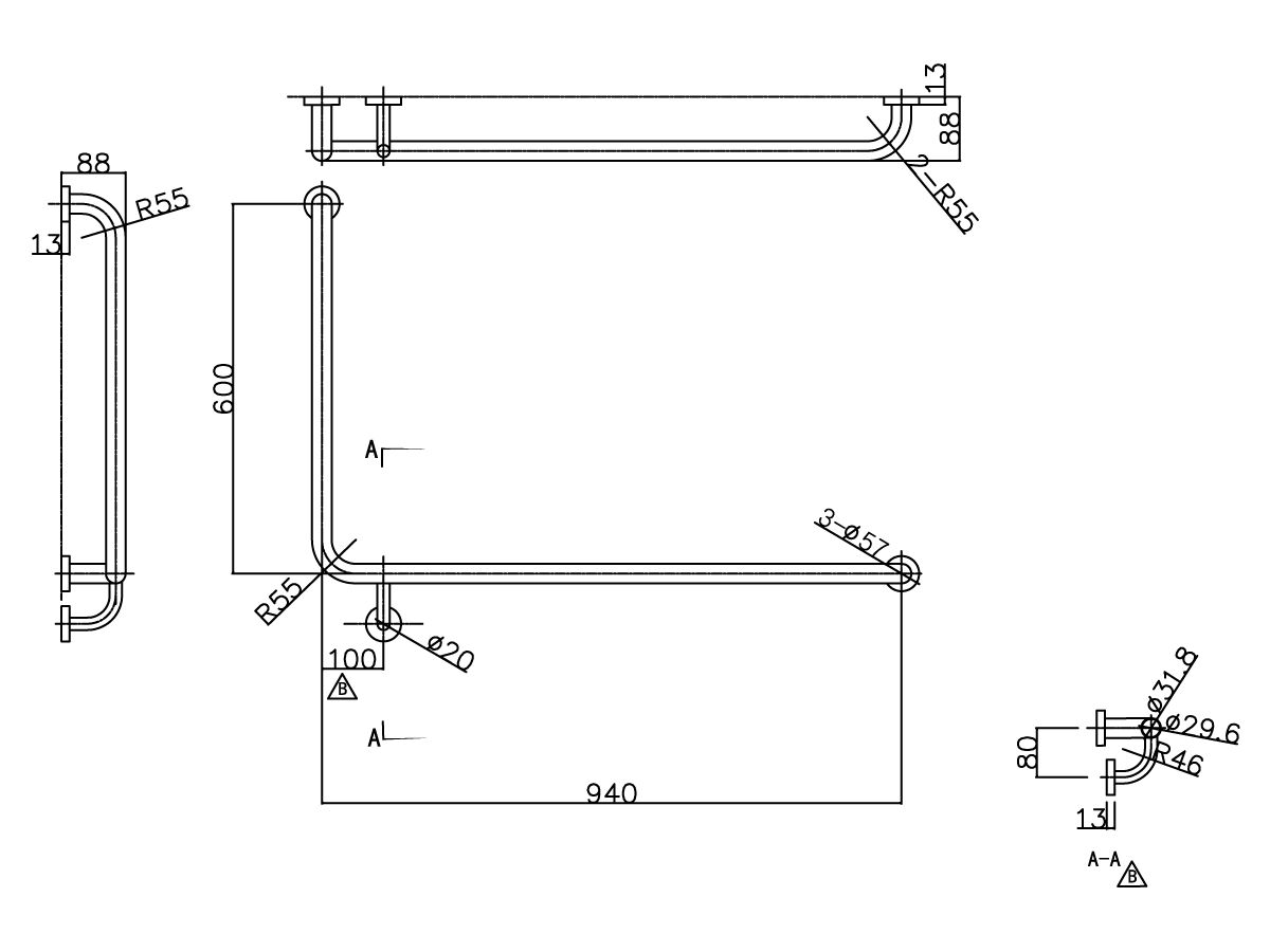 Reece Mobi 940 X 600mm X 90 Degree Right Hand Grab Rail Polished Stainless Steel