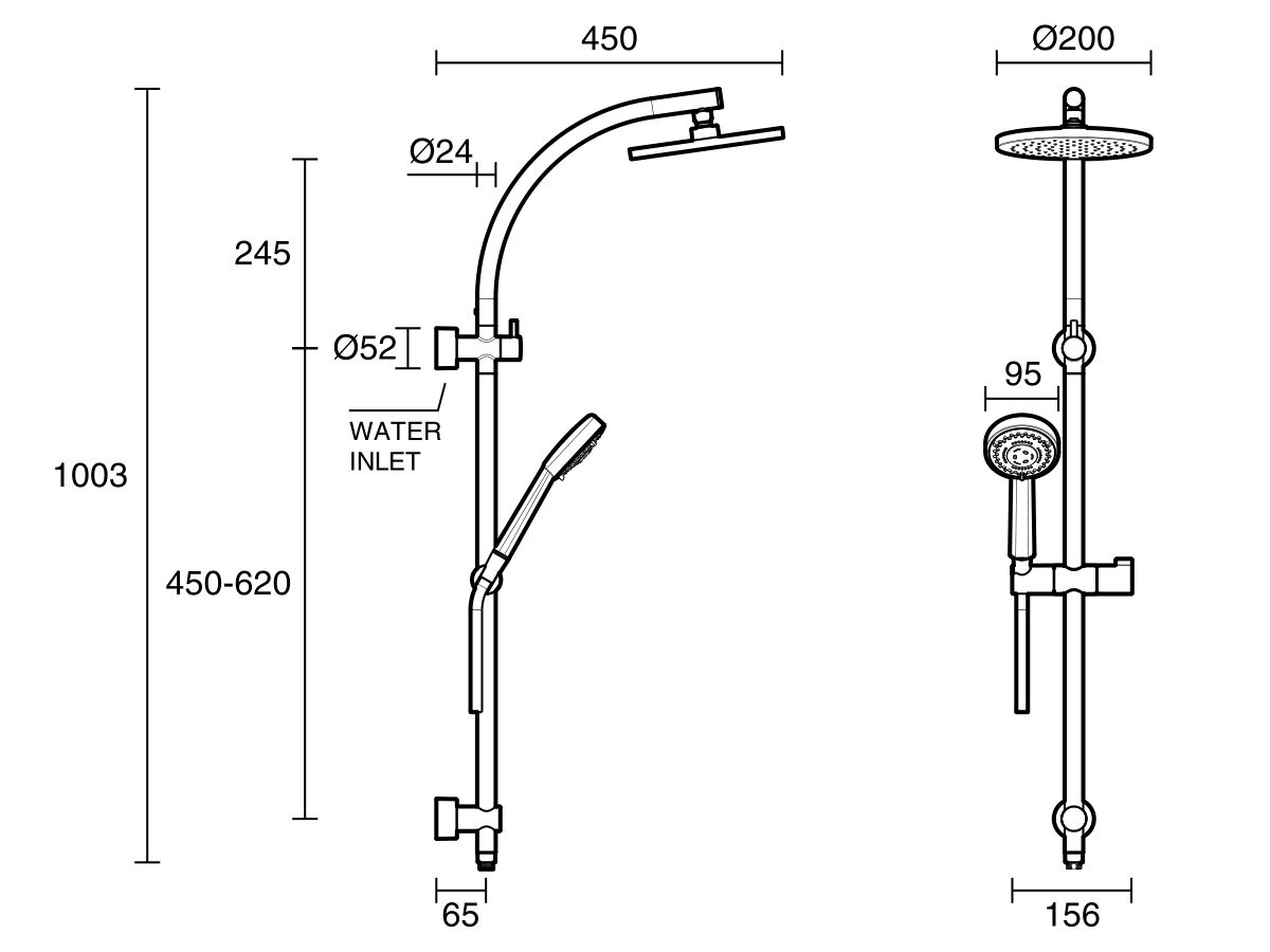 Reece Nikles Fresh Twin Rail Shower 200mm Handpiece With Top Rail Water Inlet Chrome (3 Star)