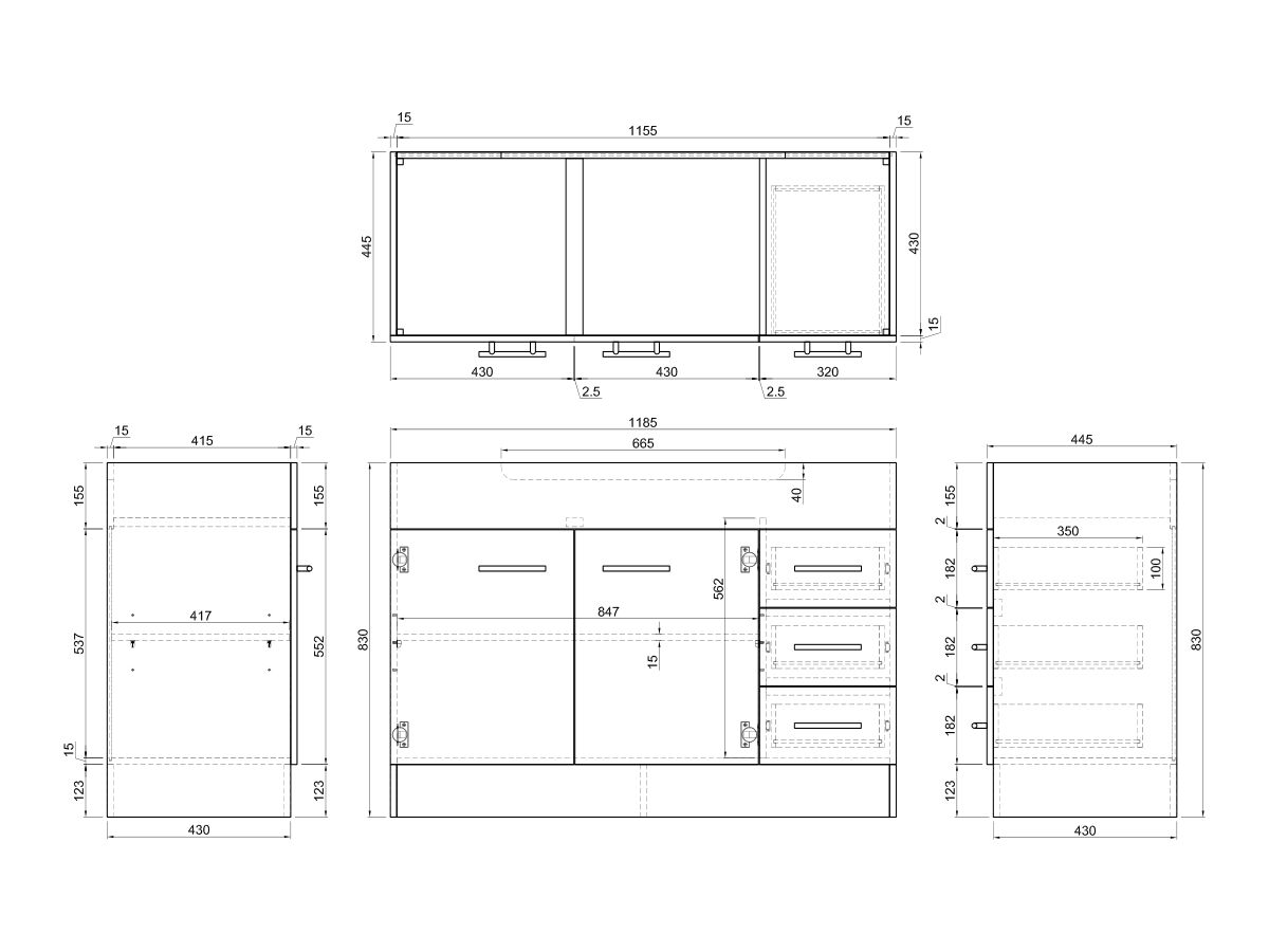 Reece Posh Bristol MK2 1200mm Vanity Unit With Kick Centre Bowl 2 Door And 3 Right Hand Drawers 1 Taphole White