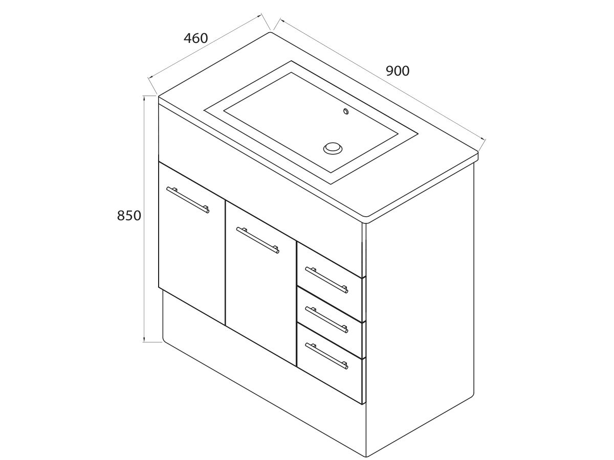 Reece Posh Bristol MK2 900mm Vanity Unit With Kick Centre Bowl 2 Door And 3 Right Hand Drawers 1 Taphole White